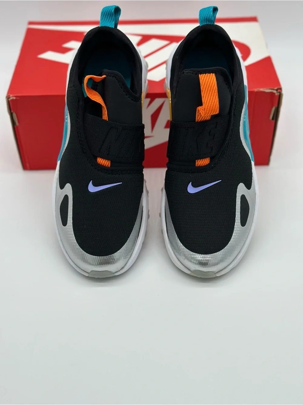 Nike Kids Black Silver Slip-On Sneakers with Orange, Teal & Yellow Accents